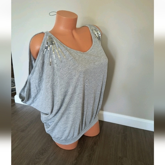 Lascana for Venus Cold Shoulder Sequin Keyhole Dolman SS Top Gray Size XS - Picture 1 of 8